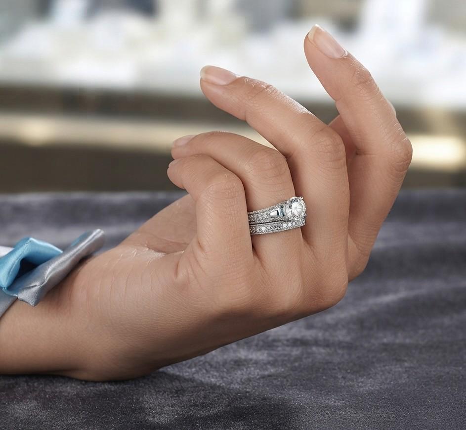 Sterling Silver Couple Rings Set: Engagement Wedding Anniversary Bands with Cubic Zirconia