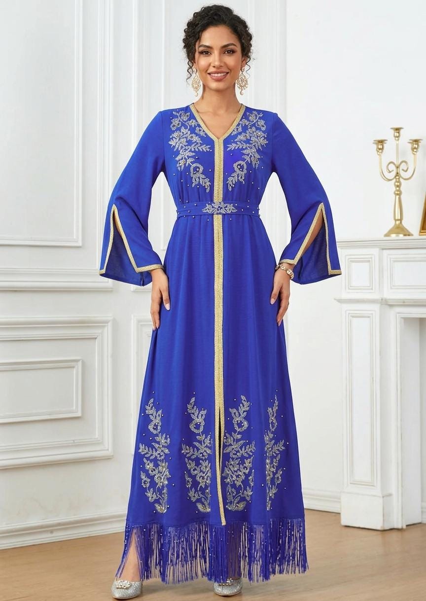 Handmade Moroccan Embroidered Kaftan Dress – Beaded Long Sleeve Ethnic Party Abaya