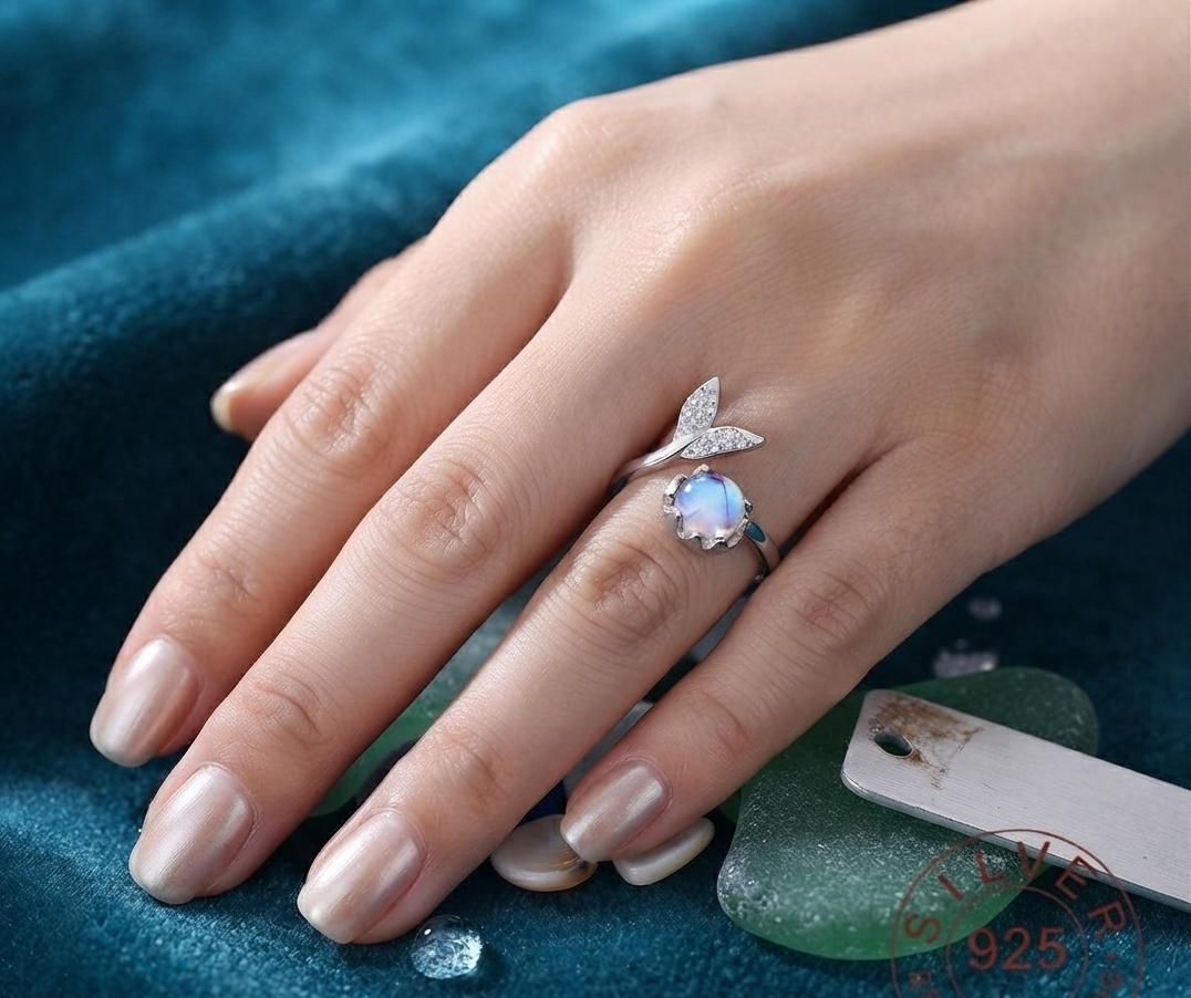 925 Sterling Silver Mermaid Tail Moonstone Adjustable Ring, Elegant Ocean Jewelry