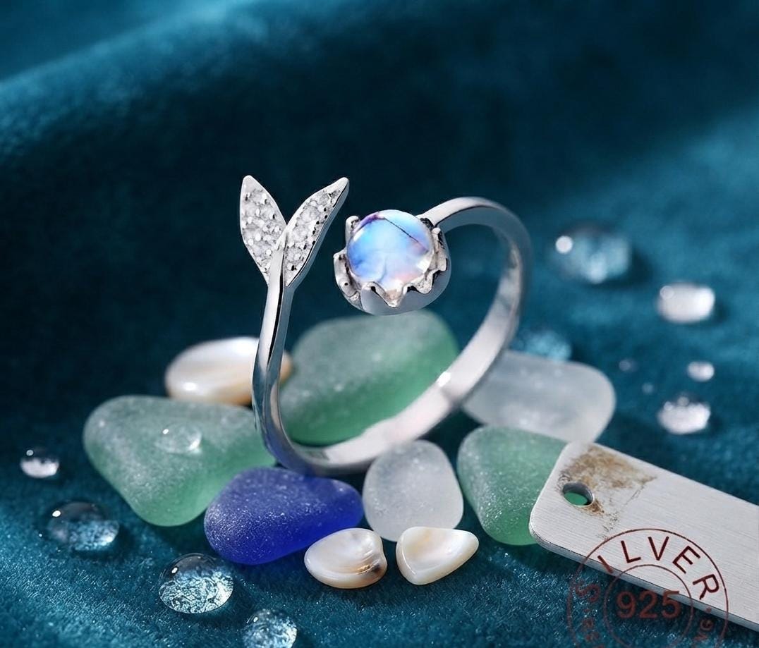 925 Sterling Silver Mermaid Tail Moonstone Adjustable Ring, Elegant Ocean Jewelry