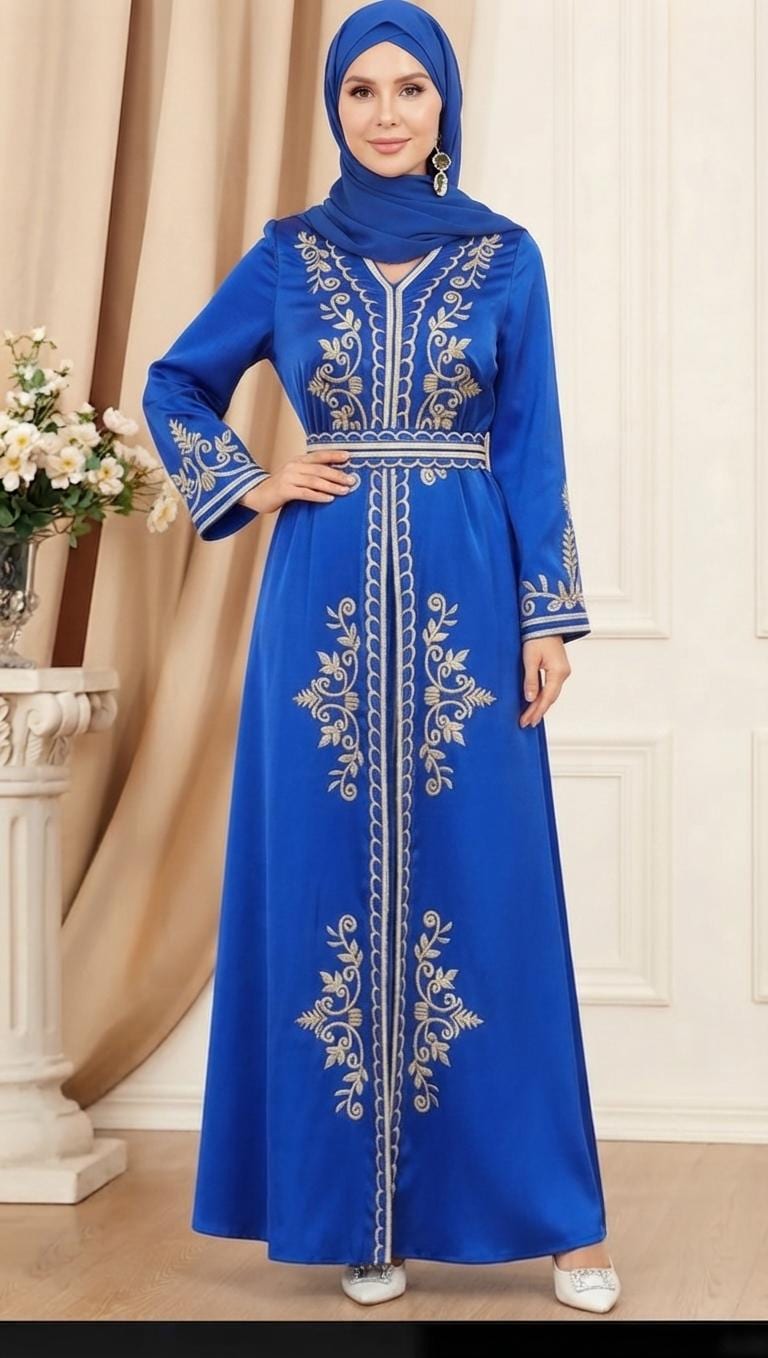 Handmade Moroccan Kaftan Dress Set – Two-Piece Satin Maxi with Gold Embroidery