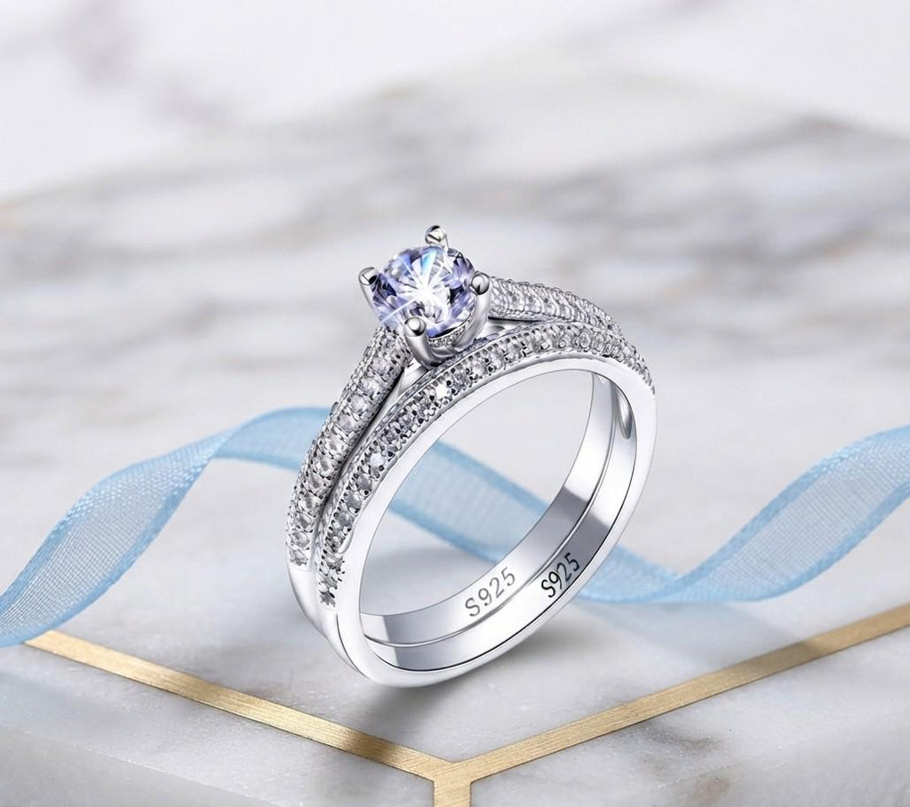 Vintage 925 Sterling Silver Halo Wedding Ring Set – Zircon Side Stones, Geometric Design