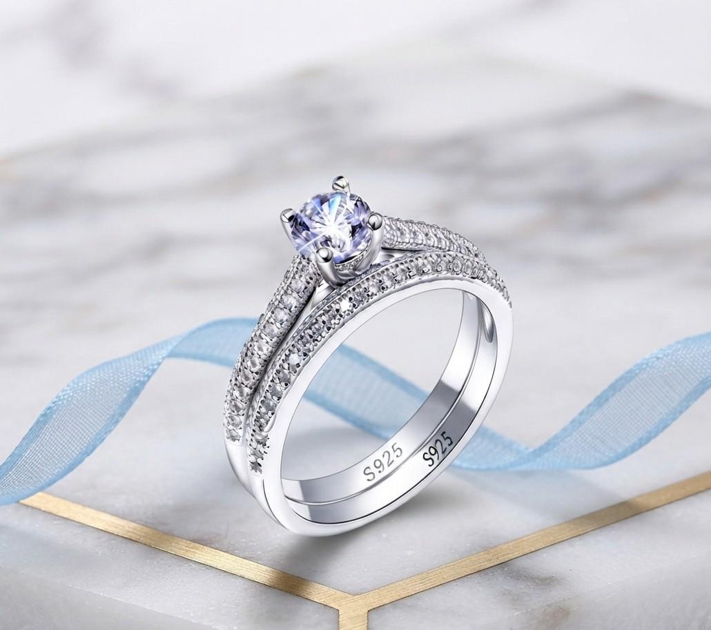 Vintage 925 Sterling Silver Halo Wedding Ring Set – Zircon Side Stones, Geometric Design