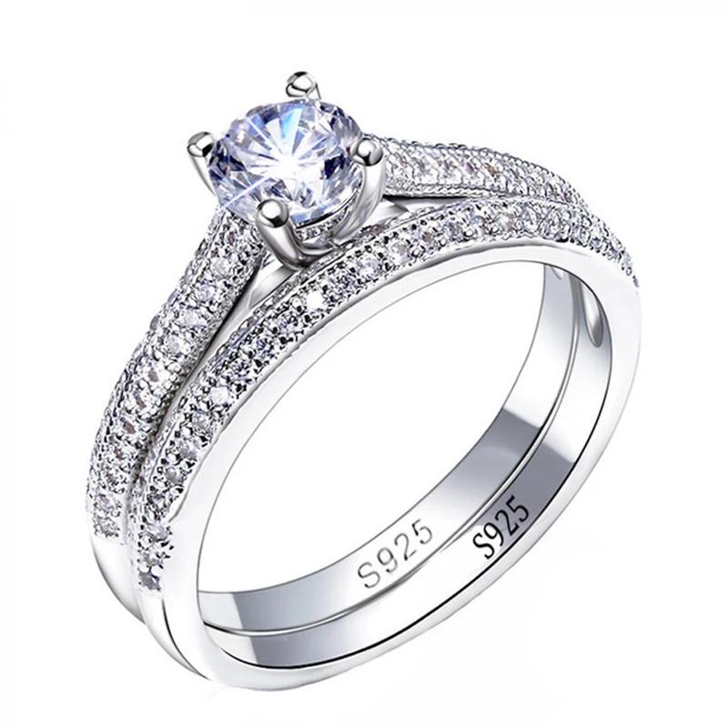 Vintage 925 Sterling Silver Halo Wedding Ring Set – Zircon Side Stones, Geometric Design