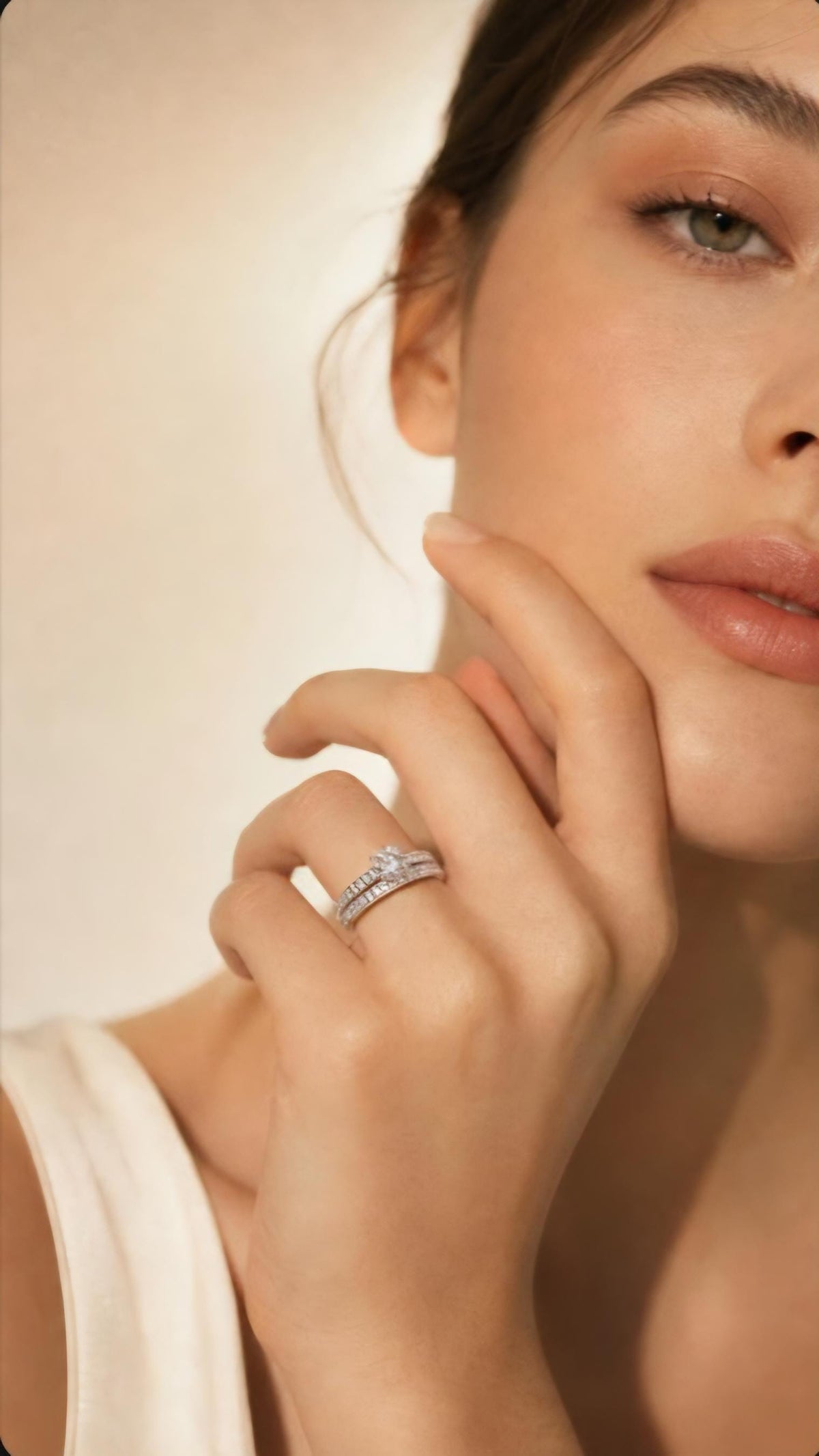 Vintage 925 Sterling Silver Halo Wedding Ring Set – Zircon Side Stones, Geometric Design