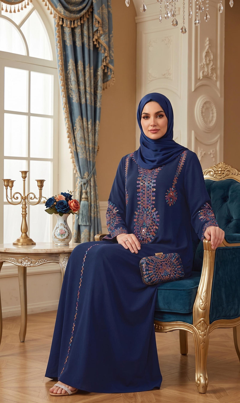 Handmade Women's Ethnic Embroidered Sequin Maxi Dress – Loose-Fit Muslim Kaftan Abaya Gown