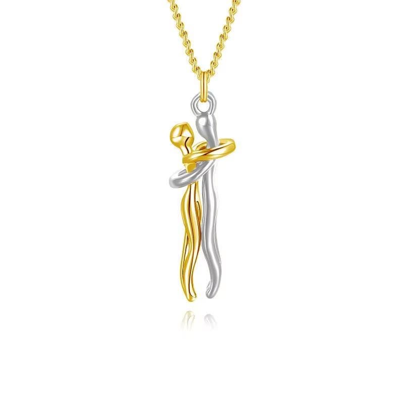 Hugging Couple Pendant Necklace | Romantic Silver and Gold Tone Chain