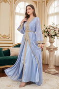Elegant Moroccan Gold Embroidered Kaftan Abaya – Two-Piece Long Sleeve Maxi Dress with Inner Slip