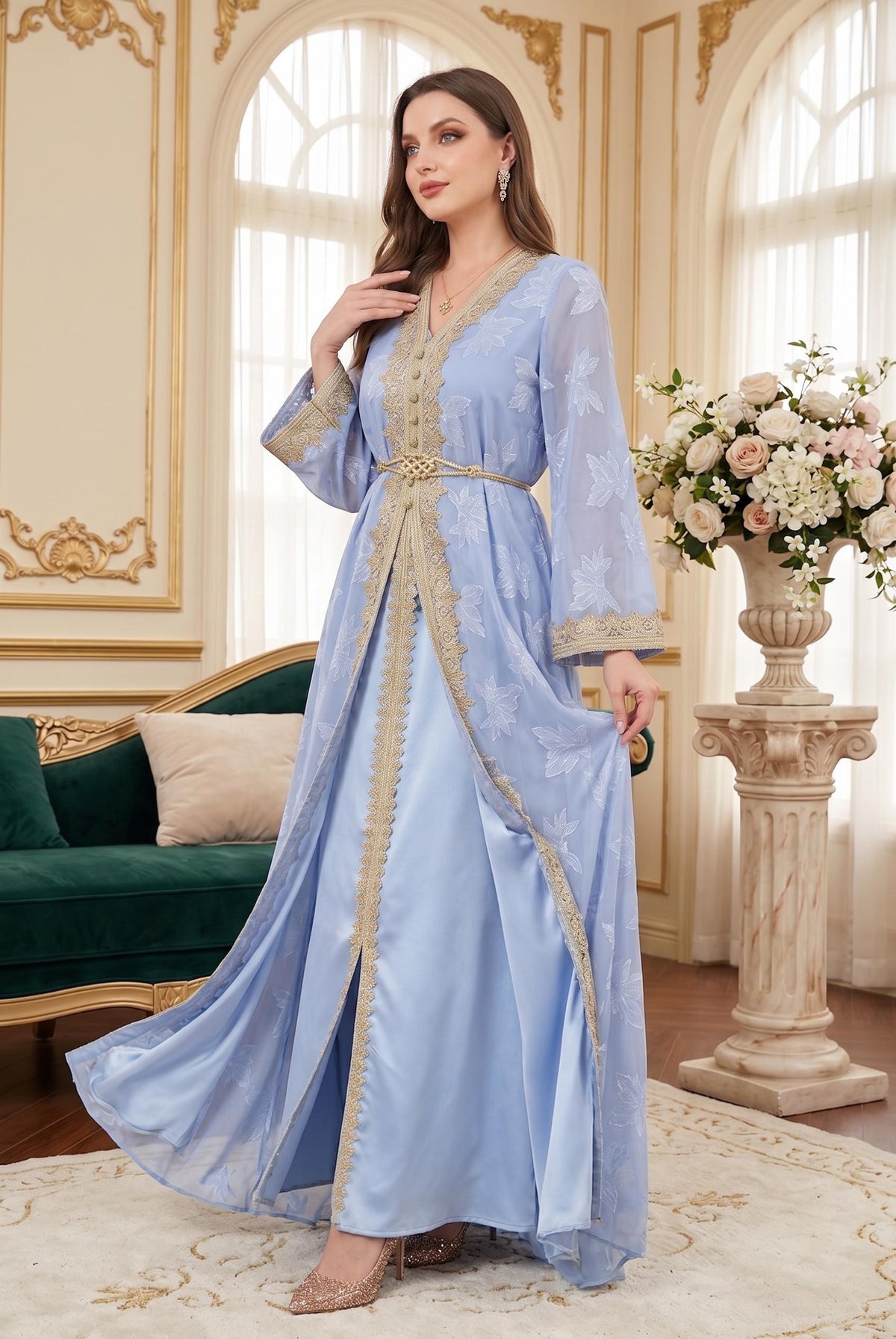 Elegant Moroccan Gold Embroidered Kaftan Abaya – Two-Piece Long Sleeve Maxi Dress with Inner Slip