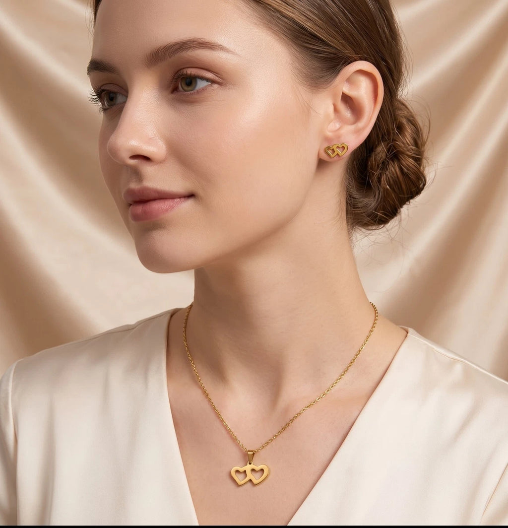 18K Gold Plated Double Hollow Heart Necklace & Earring Set Women Stainless Steel