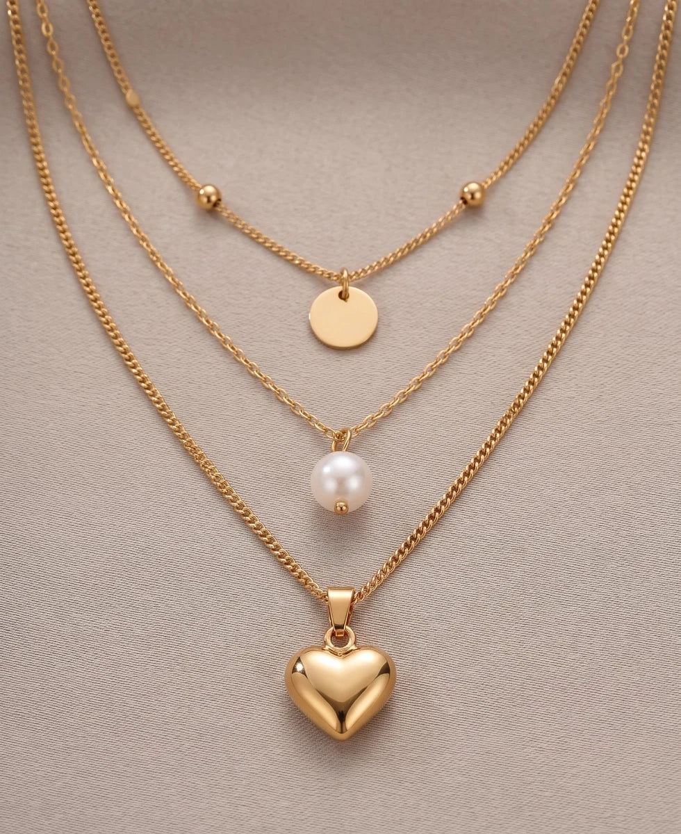 TrisLayan - Layered Gold Alloy Coin and Heart Pendant Necklace for Women