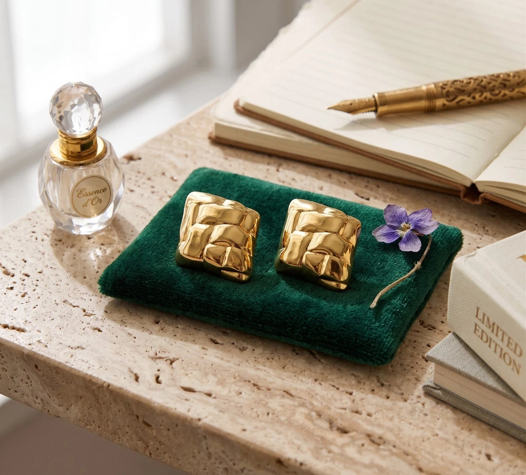 Luxury 18K Gold Plated Textured Square Stud Earrings Stainless Steel Daily Wear