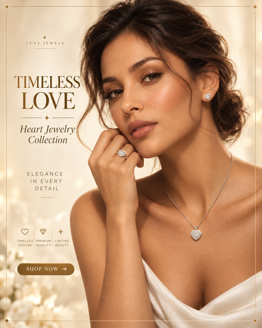 Silver Heart Zircon Jewelry Set – Necklace, Earrings & Ring for Women