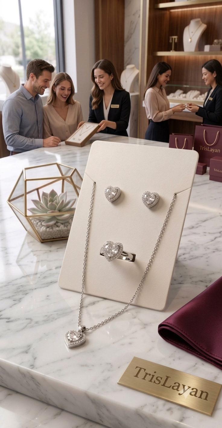 Silver Heart Zircon Jewelry Set – Necklace, Earrings & Ring for Women