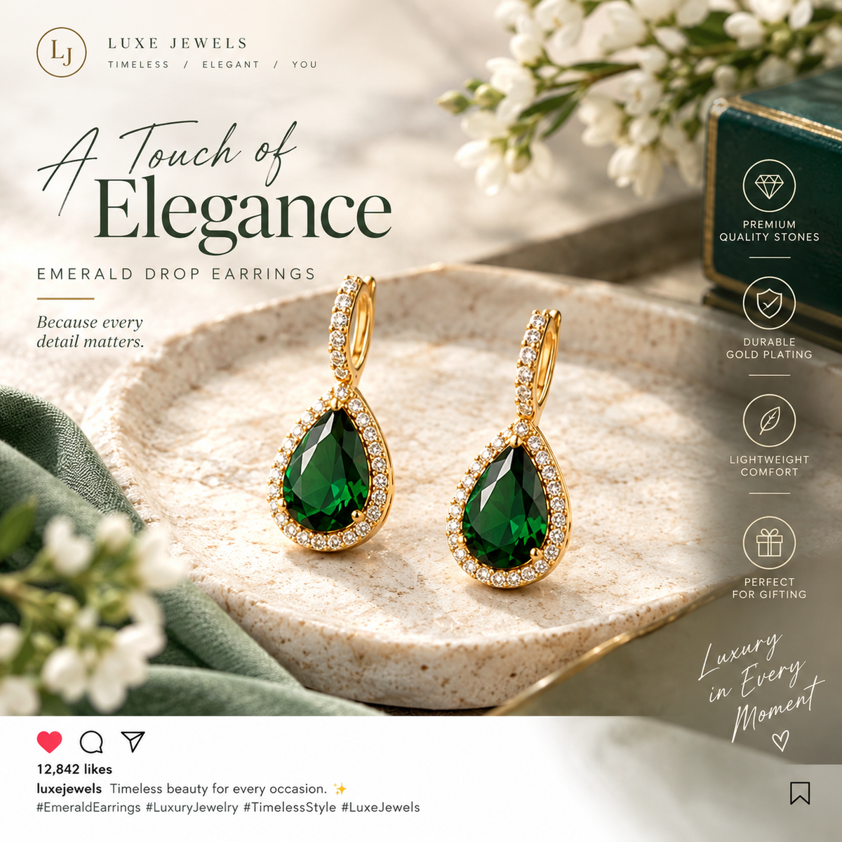 Emerald Green Zircon Teardrop Earrings – Gold Plated 925 Silver Earrings for Women