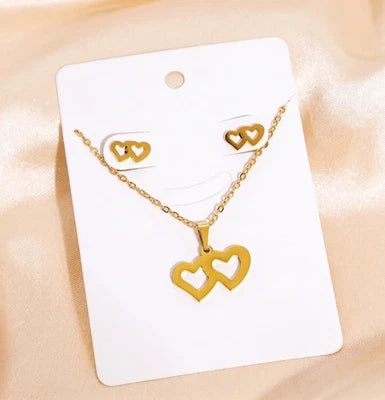 18K Gold Plated Double Hollow Heart Necklace & Earring Set Women Stainless Steel