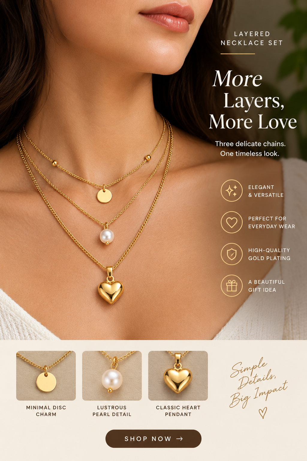 TrisLayan - Layered Gold Alloy Coin and Heart Pendant Necklace for Women
