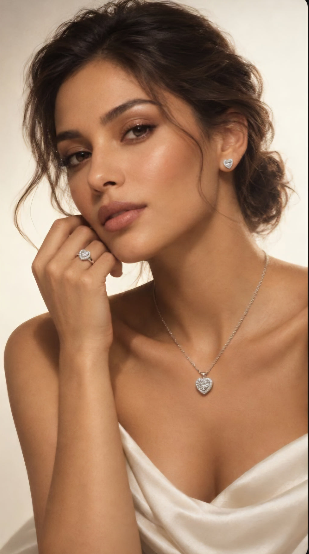 Silver Heart Zircon Jewelry Set – Necklace, Earrings & Ring for Women