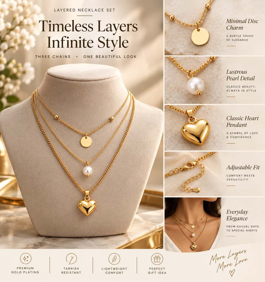 TrisLayan - Layered Gold Alloy Coin and Heart Pendant Necklace for Women