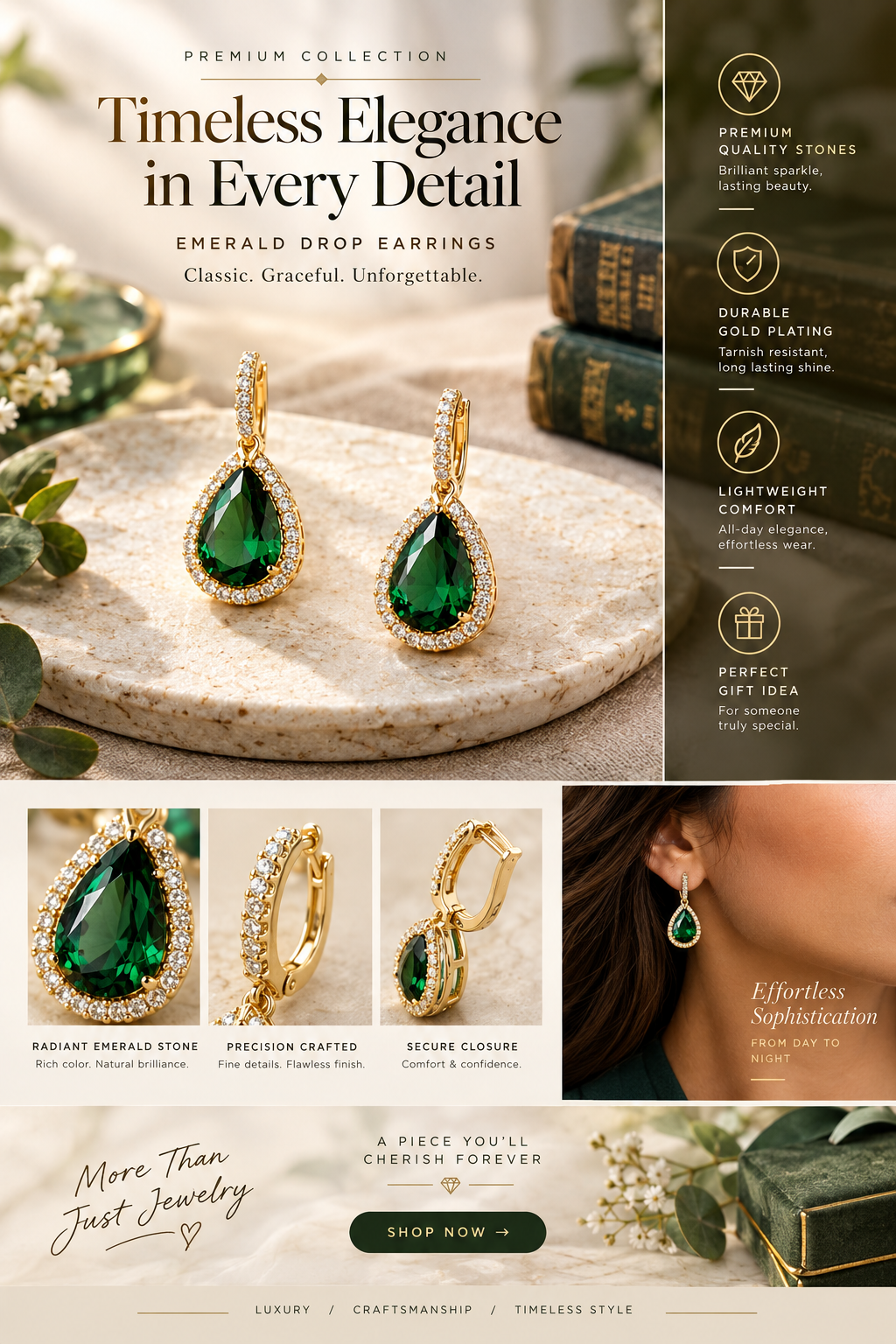 Emerald Green Zircon Teardrop Earrings – Gold Plated 925 Silver Earrings for Women
