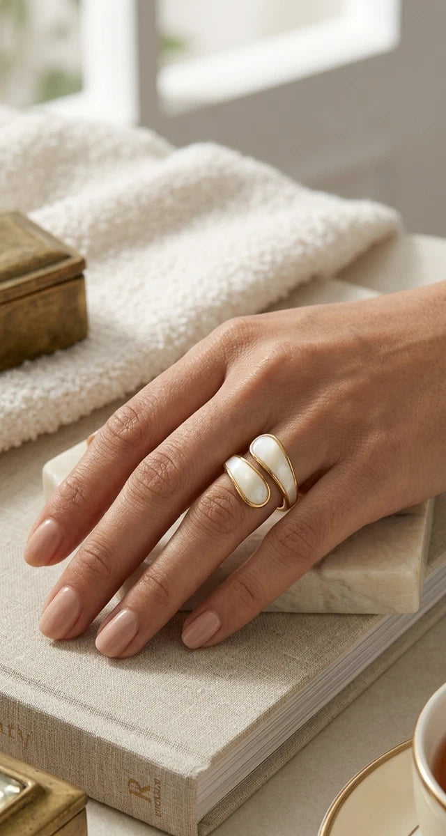 18K Gold Plated Enamel Marble Open Ring Adjustable Wave Minimalist Women Jewelry