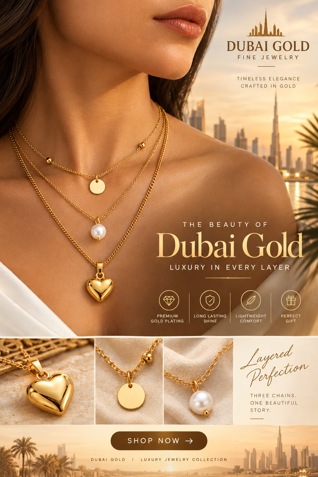 TrisLayan - Layered Gold Alloy Coin and Heart Pendant Necklace for Women