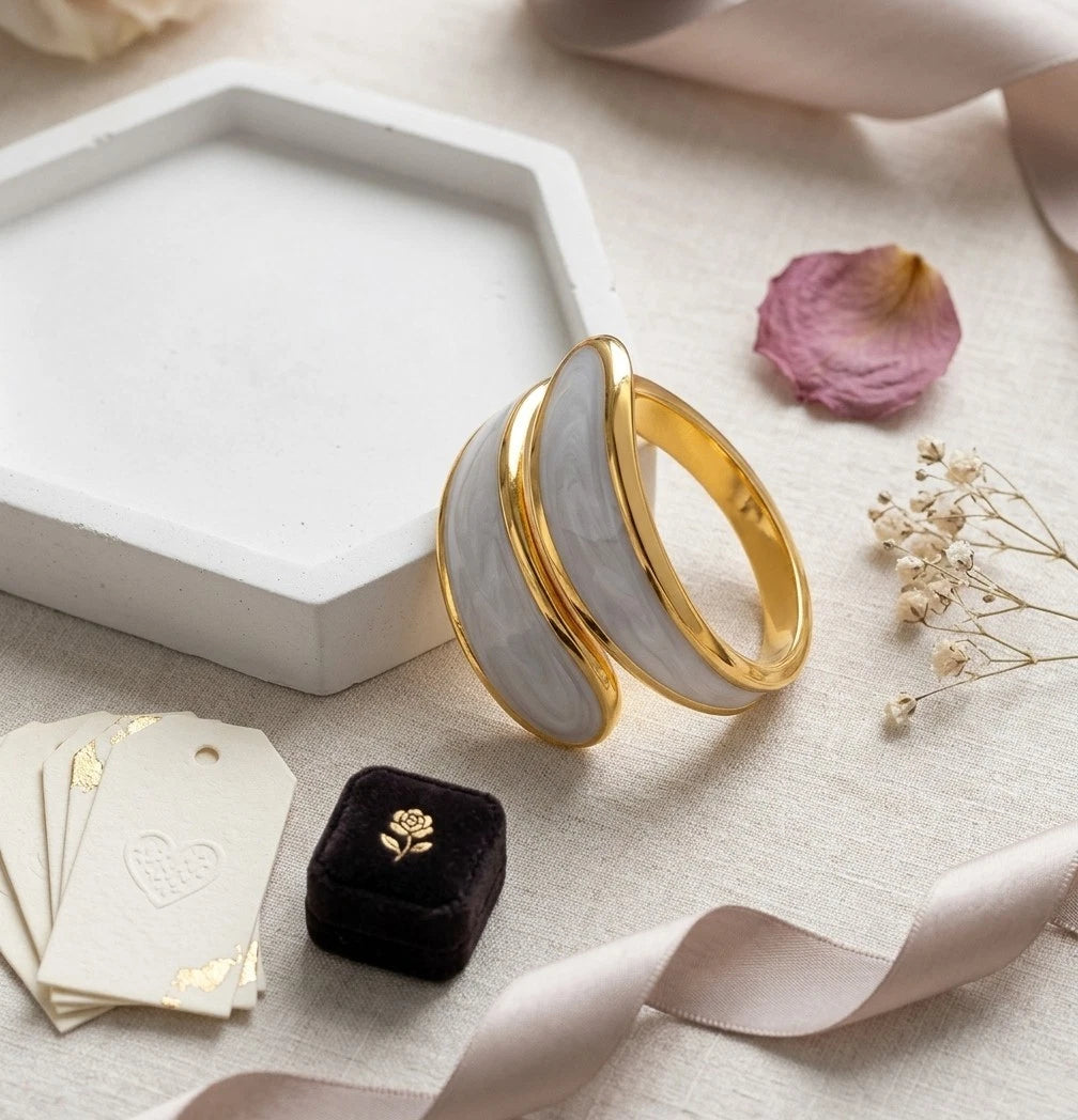 18K Gold Plated Enamel Marble Open Ring Adjustable Wave Minimalist Women Jewelry