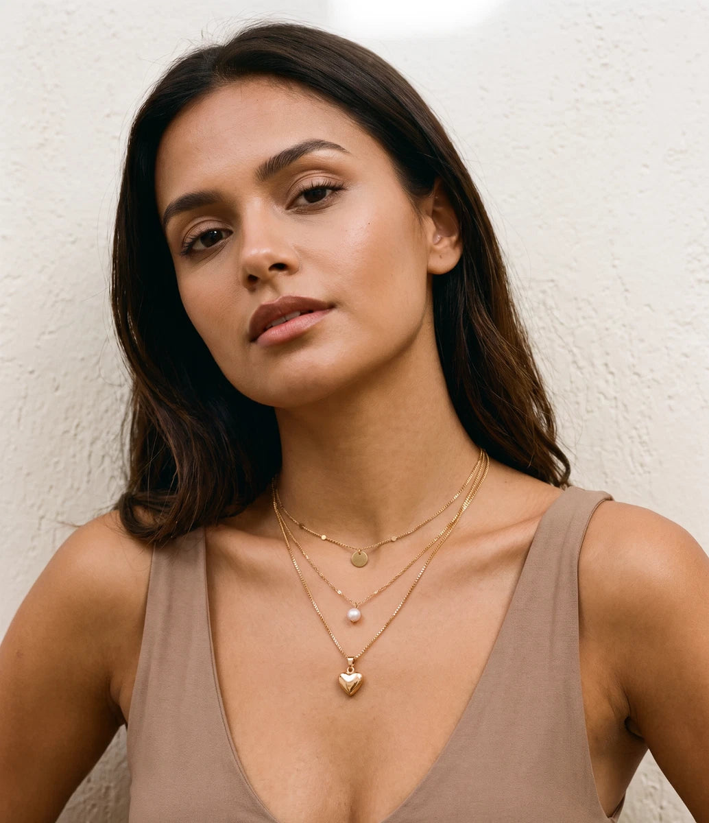 TrisLayan - Layered Gold Alloy Coin and Heart Pendant Necklace for Women