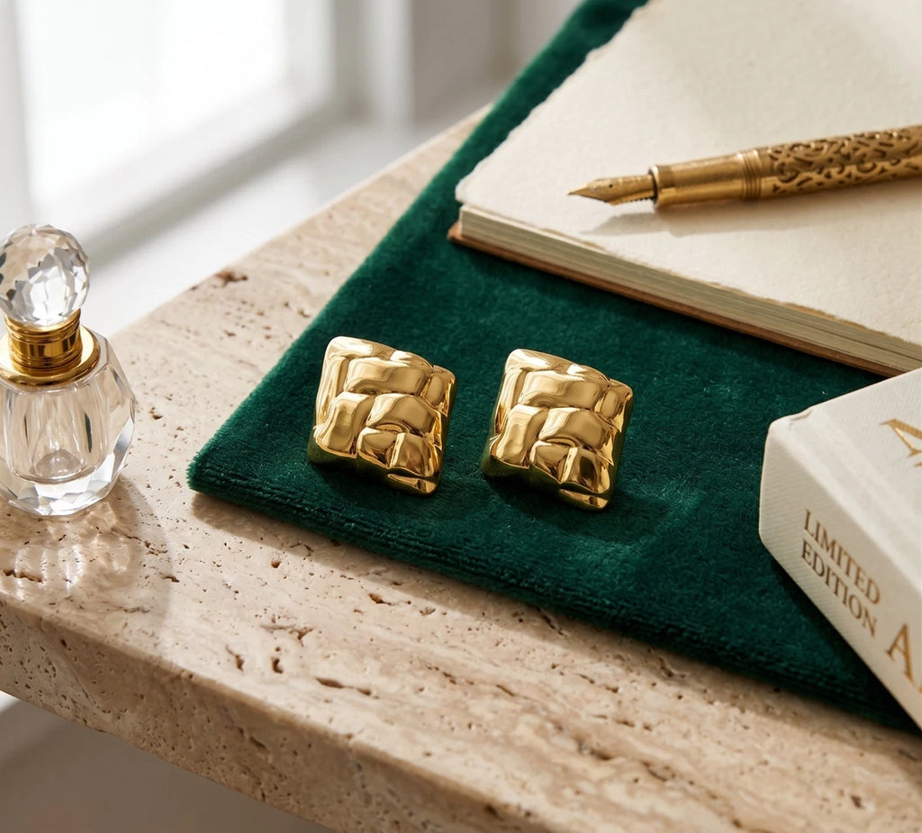 Luxury 18K Gold Plated Textured Square Stud Earrings Stainless Steel Daily Wear