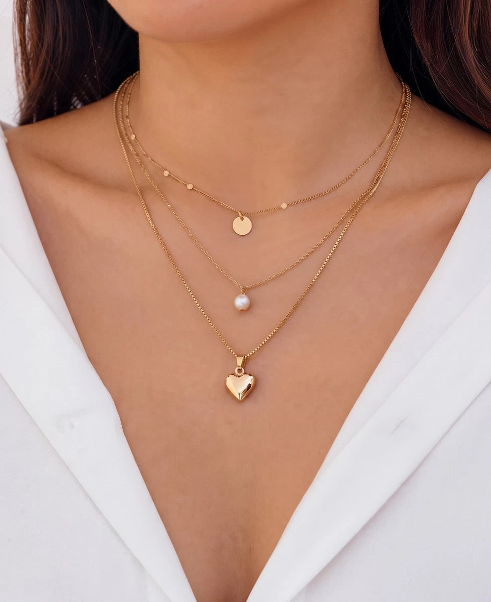 TrisLayan - Layered Gold Alloy Coin and Heart Pendant Necklace for Women