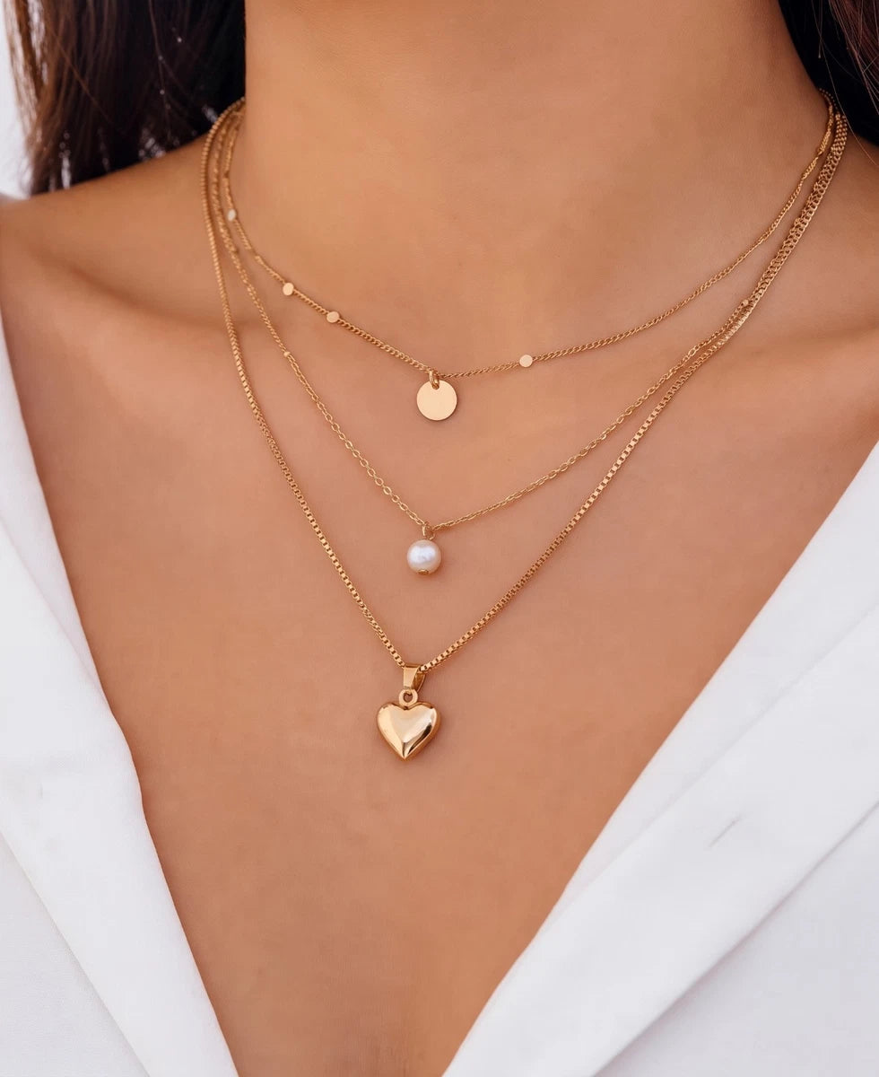TrisLayan - Layered Gold Alloy Coin and Heart Pendant Necklace for Women